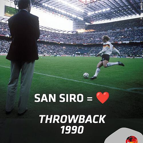 Photo shared by Deutsches Fußballmuseum on March 20, 2025 tagging @dfb_team. May be an image of 2 people, people playing football, people playing soccer, stadium and text that says 'Ενεη ARNOT 日あた SAN SANSIRO= SIRO= THROWBACK 1990 DEUTSCHES FUSSBALL MUSEUM'.