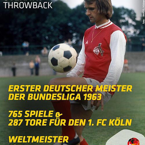 Photo by Deutsches Fußballmuseum on February 17, 2025. Pode ser uma imagem de 4 pessoas, pessoas jogando futebol americano, pôster e texto que diz "WOLFGANG OVERATH THROWBACK Maanan L00 foto ERSTER DEUTSCHER MEISTER DER BUNDESLIGA 1963 765 SPIELE G 287 TORE FÜR DEN 1. FC KÖLN WELTMEISTER 1974 DEUTSCHES FUSSBALL MUSEUM".